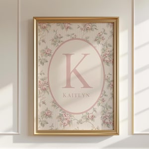 Girls Custom Name, Vintage Floral Initial Art, Personal Letter, Monogram Print, Alphabet Poster, Printable Wall Art