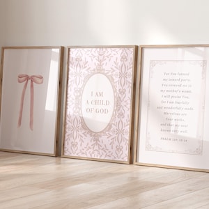 Light Pink Nursery Decor Christian Wall Art Set of 3, Psalm 139, Baby Girls Room, I am a Child of God, Coquette Wall Art, Digital Download