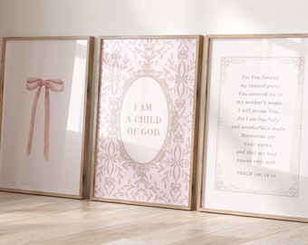Light Pink Nursery Decor Christian Wall Art Set of 3, Psalm 139, Baby Girls Room, I am a Child of God, Coquette Wall Art, Digital Download