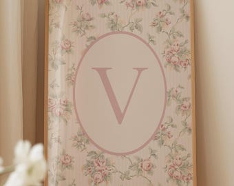 Floral Letter V Initial Poster: Pink Vintage Nursery Decor (Digital Download