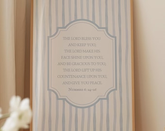 Coastal Christian Wall Art Kids Bible Verse Poster, The Lord Bless You, Blue Nursery Decor Digital Print Vintage Stripes