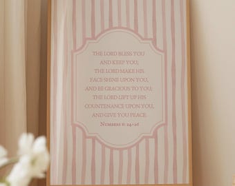 The Lord Bless You Christian Wall Art Pink Vintage Stripes Coastal Kids Bible Verse Poster Nursery Decor Digital Print