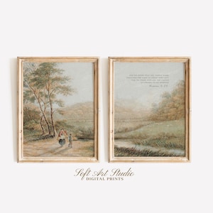 Vintage christliche Wandkunst SET MIT 2 neutralen Landschaftsdrucken, Römer 8:28 Alle Dinge arbeiten zum Guten zusammen