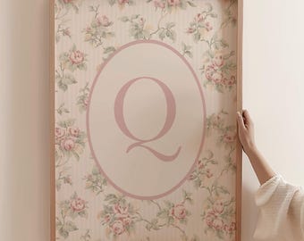 Letter Q Initial Print: Pink Boho Flower Monogram (Digital Download