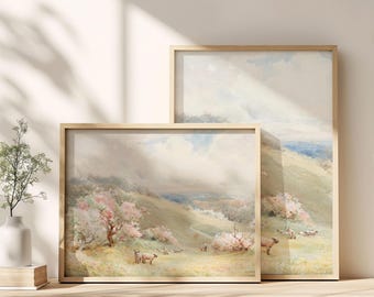 Vintage Nursery Decor : Set of 2, Sheep Landscape, Vertical and Horizontal Prints, (Digital Download)