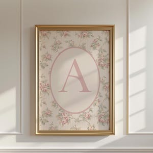 Letra inicial A personalizada vintage elegante, monograma personal, impresión digital, alfabeto floral rosa, nombre de niña imprimible, decoración infantil coqueta