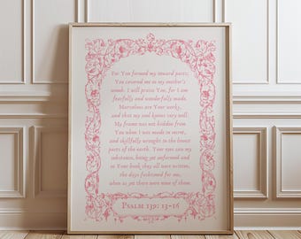 Psalm 139, Pink Floral Bible Print, Girls Scripture Verse Nursery Decor Christian Wall Art Digital Download