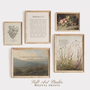 May include: A set of framed art prints with a vintage aesthetic. The prints feature botanical illustrations, landscape paintings, and scripture verses. The frames are a warm, neutral colour, and the overall style is soft and inviting.