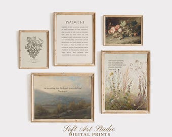 Vintage Christian Wall Art Scripture Gallery Wall Botanical Bible Verse Prints / SET OF 5 Digital Download