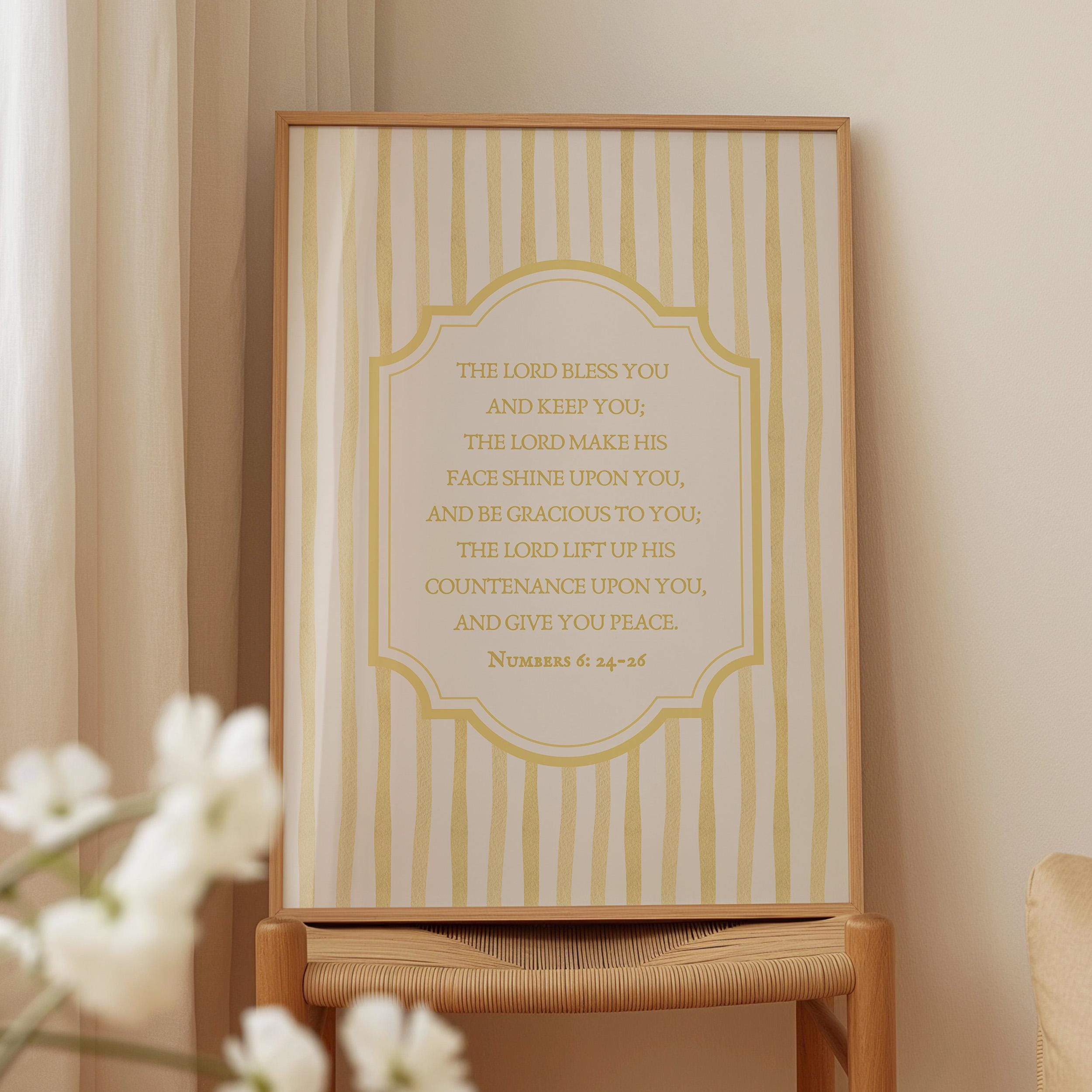 The Lord Bless You Yellow Christian Wall Art Vintage Coastal Stripes Modern Kids Bible Verse Poster Nursery Decor Digital Print