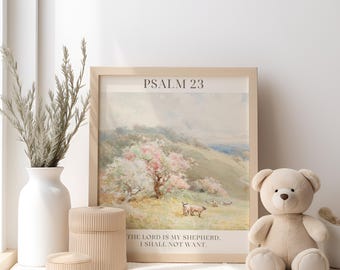 Christian Wall Art Psalm 23, The Lord Is My Shepherd, Christian nursery decor, Vintage Landscape Poster Digital Download