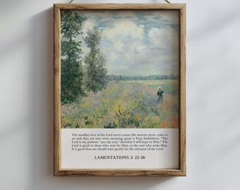 Christian Vintage Wall Art Landscape Bible Verse Print, Lamentations 3:22-26, Digital Download