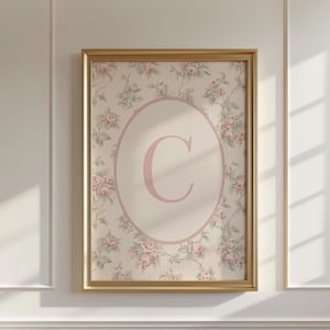 Elegante inicial de nombre vintage, letra C, alfabeto floral rosa, letrero con nombre para niña, decoración infantil coqueta, monograma personalizado, descarga digital