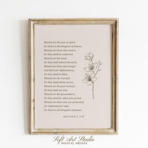 Sermon on the Mount Matthew 5: 3-10 The Beatitudes, Minimalist Bible Print Neutral Christian Wall Art Floral Sketch Digital Download