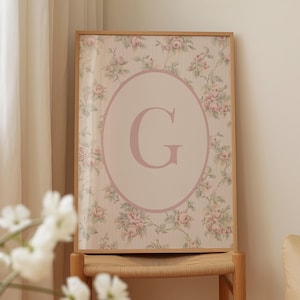 Impresión personalizada de inicial de niña, letra G, elegante póster vintage, decoración floral para habitación infantil, monograma personal, nombre imprimible en rosa, descarga digital