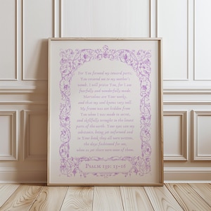 Purple Christian Wall Art Psalm 139,  Lilac Floral Bible Print, Girls Scripture Verse Nursery Decor Christian Wall Art Digital Download