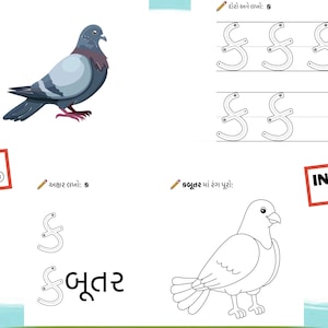 Op de afbeelding: Een werkblad om het Gujarati-alfabet te leren. De letter 'S' wordt in paars weergegeven met het woord 'kabutar' (duif) eronder. Naast de letter staat een cartoonduif. Het werkblad bevat oefeningen voor het schrijven van de letter 'S' en het inkleuren van een duif.