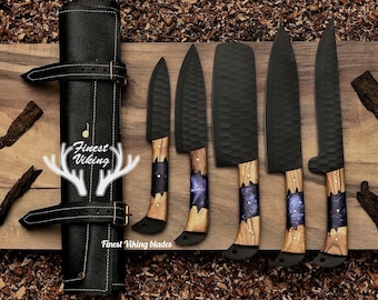 CUSTOM HAND FORGED Damascus Chef Knifes Set of 5pcs, Personalized Kitchen knives set with lather sheath, Anniversary Gifts, Christmas Gifts.