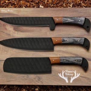 May include: Three black kitchen knives with wooden handles and a textured blade. The knives are arranged on a wooden surface. The text "Finest Viking Blades" is visible at the top of the image.