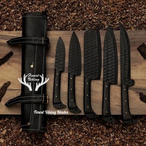 Handmade Damascus Chef Knife Set - 5 Piece Kitchen Knives with Leather Sheath,  ANNIVERSARY Gifts, BIRTHDAY Gifts, CHRISTMAS Gifts.