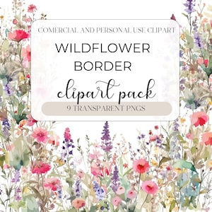 Watercolor Floral Clipart, Wildflower Clipart, Floral Border Set, Meadow Flowers PNG, Summer, Spring Flowers, Digital Clipart PNG,
