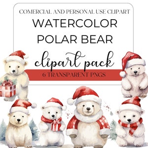 Polar Bear Watercolor Clipart Bundle, Christmas Watercolor PNG, Transparent Background, Personal and Commercial Use, Digital Download