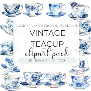 Acquerello Vintage Blue Teacup Clipart - Tea time PNG Digital Image Download per carte, Clipart, Scrapbook, Journal, Paper Crafts
