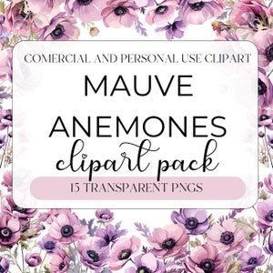 Watercolor  Floral Purple Anemones Clipart - Flowers and Bouquets, PNG format Instant Download for Commercial and Personal Use