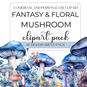 Aquarela Fantasia Cogumelos Azuis Clipart - Fada Aquarela Azul - Formato Floral PNG Download instantâneo para uso comercial
