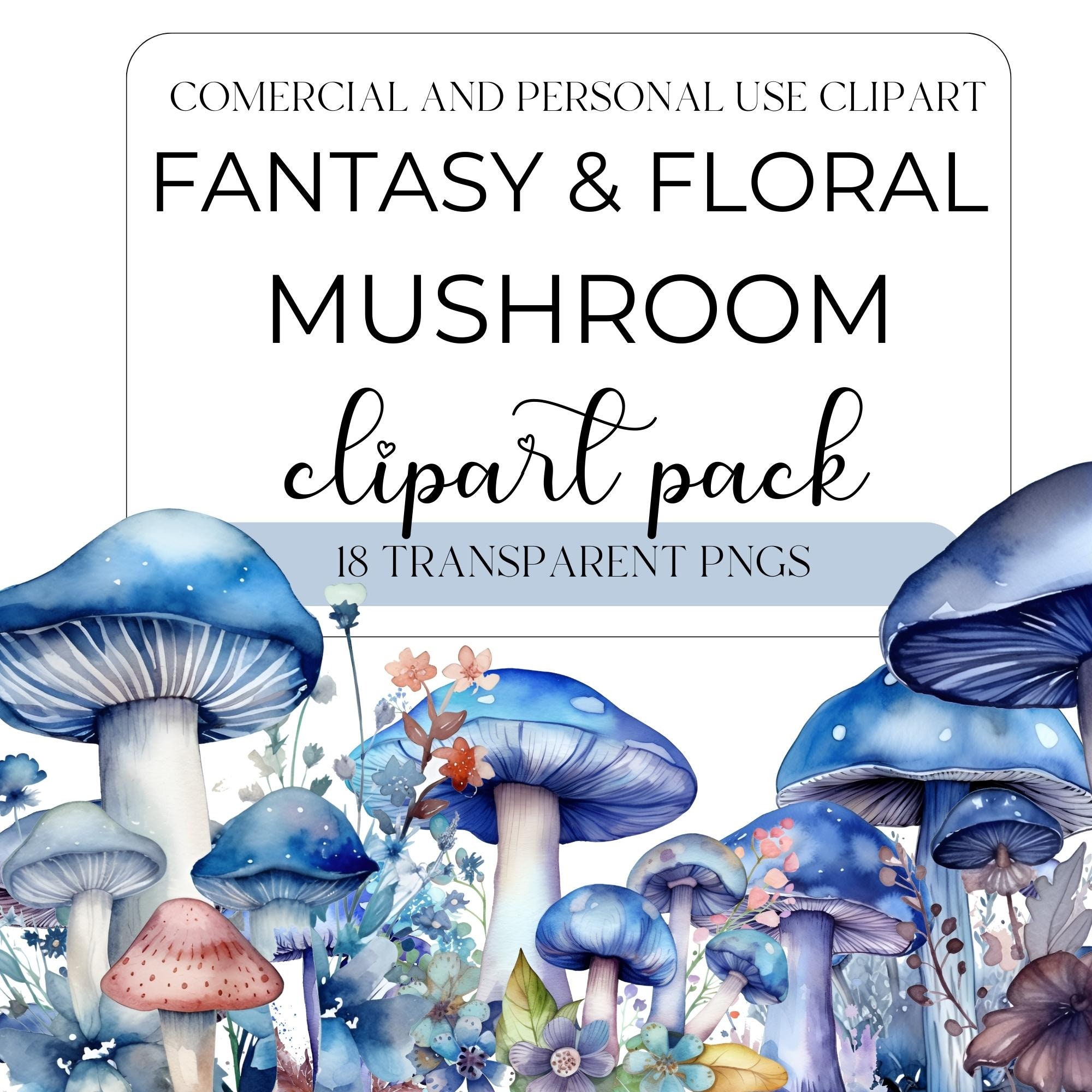 Watercolor Fantasy Blue Mushrooms Clipart- Blue Watercolor Fairy- Floral PNG format Instant Download for Commercial Use