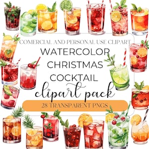Christmas Watercolor Cocktail Clipart, Signature Cocktail, Alcohol Illustration, Non Alcoholic Drinks, Beverage Clipart