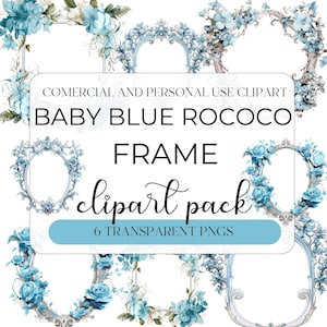 Baby Blue Rococo Frames Clipart,Watercolor Antique Baroque Vintage Clipart Graphics for Art, Personal or Commercial Use, Transparent PNGs
