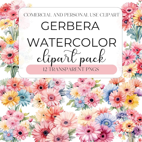 Watercolor Gerbera Clipart, Colorful Gerbera in PNG format, Instant Download, Personal or Commercial Use, High Quality PNG, Transparent PNGs