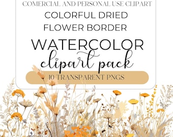 Wild Flowers, Dried Wild flowers Clipart, Wild Floral Clipart, Clipart Borders, Printable Wild Flower Clipart, Watercolor Wild Flower
