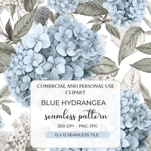 Blue Pastel Hydrangea Seamless Pattern, Hydrangea Pattern, Vintage Flower Patter, Digital Pattern, Digital Download, Fabric Pattern