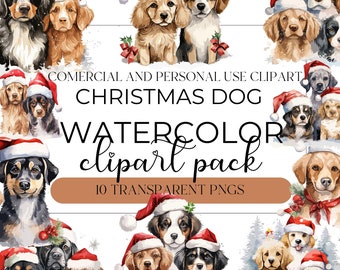 Watercolor Christmas Dogs Clipart, PNG Bundle,Transparent Background, PNG Image, Dog Design for Print on Demand, Commercial and Personal Use