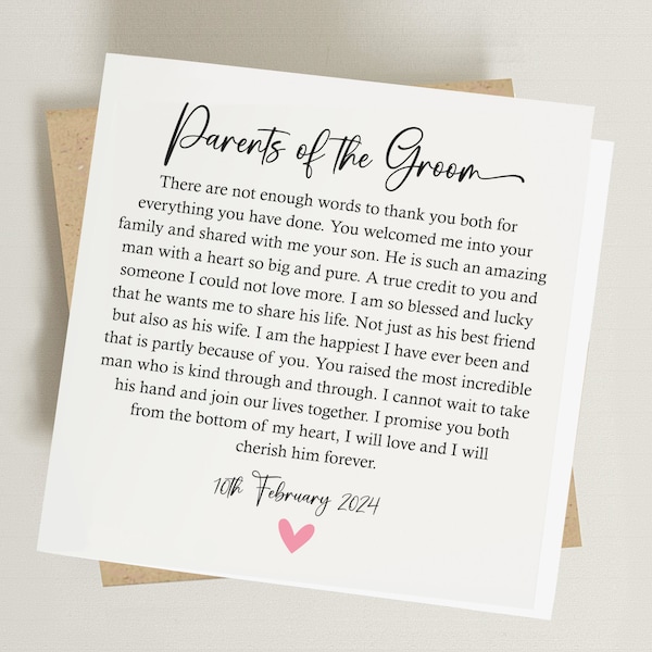 Personalised Parents of the Groom Card - Card from Bride - Card for Future Parents in Law  - Wedding Poem Card