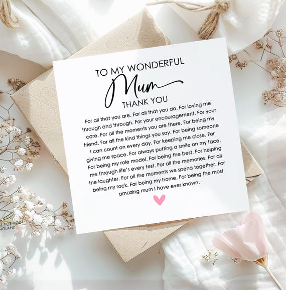 Mum Poem Card - Thank You Mum Card - Sentimental Card for Mum - For Birthday, Mother's Day, or just because...