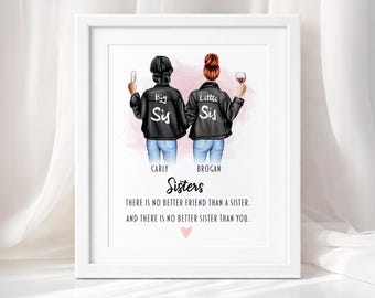 Personalised Sister Print Gift | Illustrated Quote Art for Sister | Big Sister Little Sister Custom Keepsake Portrait