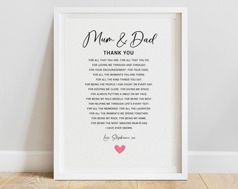 Mum and Dad Poem Print - Heartfelt Gift for Parents - Sentimenal Words for Parents - Thank you Mum and Dad Gift (Unframed)