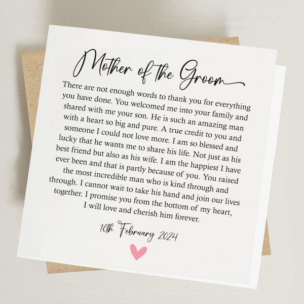 Personalised Mother of the Groom Card - Card from Bride - Card for  Future Mother in Law  - Wedding Poem Card
