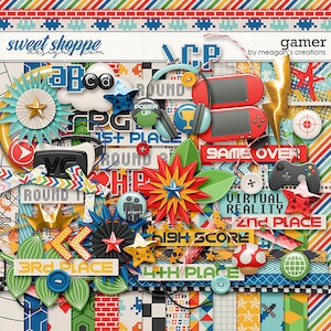 May include: A digital scrapbooking kit with a gamer theme. The kit includes colorful graphics, such as stars, game controllers, and text that says "Game Over", "Virtual Reality", "High Score", and "Round 1".