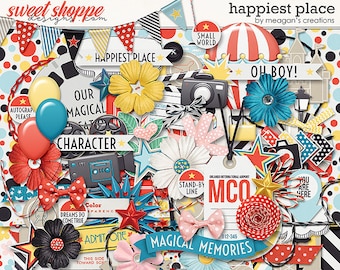 May include: A digital scrapbook kit with a whimsical theme featuring red, white, and blue colors. The kit includes images of stars, balloons, bows, flowers, and a camera. The text "Happiest Place" and "Magical Memories" are included in the kit.