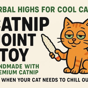 May include: An orange cartoon cat with green eyes holds a catnip joint toy. The text reads "CATNIP JOINT TOY" and "HERBAL HIGHS FOR COOL CATS." The toy is handmade with premium catnip, and the tagline says, "FOR WHEN YOUR CAT NEEDS TO CHILL OUT."