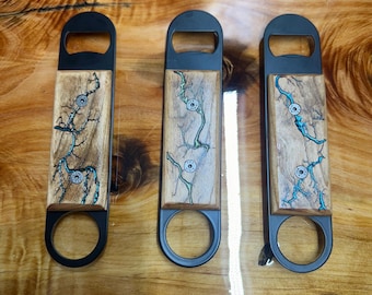 Handcrafted Wood Bottle Opener, Unique Resin Inlay Design, Bartender Gift