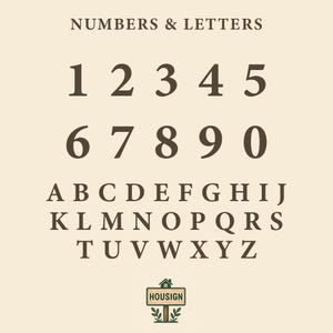 May include: A beige background displays the words "NUMBERS & LETTERS" above the numbers 1 through 0 and the alphabet. The word "HOUSIGN" is on a sign at the bottom.