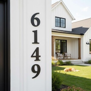Vertical black metal house number sign mounted on white modern farmhouse exterior wall, durable outdoor address plaque