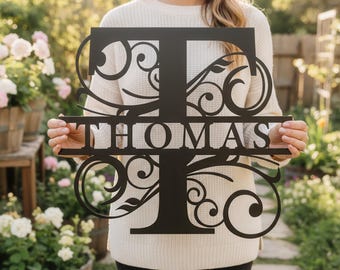 Cartello in metallo personalizzato con nome della famiglia: decorazione da parete con monogramma