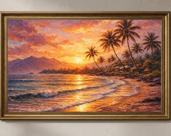 Tropical Sunset Frame TV Art 4K, Impasto Oil Painting Download, Samsung Frame TV Beach Art, Palm Tree Coastal Wall Art