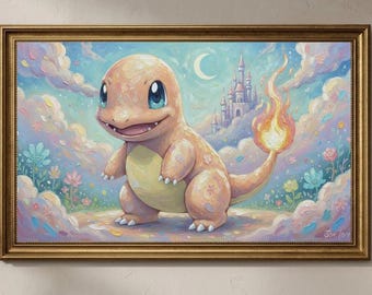 Frame TV Art Cute Fire Creature Painting, Pastel Fantasy Character Wall Art, Whimsical Dragon Decor, Samsung Frame TV Art Digital Download